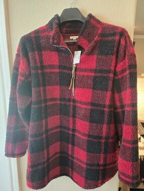 Maurices Red & Black Plaid Sherpa Quarter-Zip Pullover